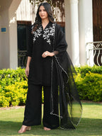 Nikhaar Black Embroidered Viscose Georgette Stitched Straight Cut Kurta Culottes Dupatta Readymade Suit | Grocsy
