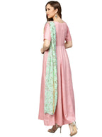 Ahalyaa Pink & Green Solid Maxi Dress with Attached Dupatta | Grocsy
