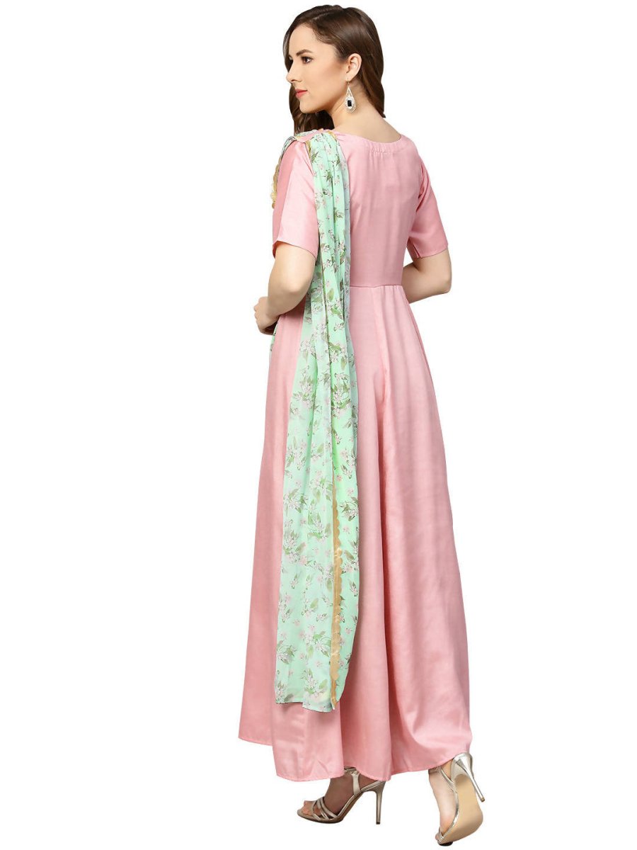 Ahalyaa Pink & Green Solid Maxi Dress with Attached Dupatta | Grocsy