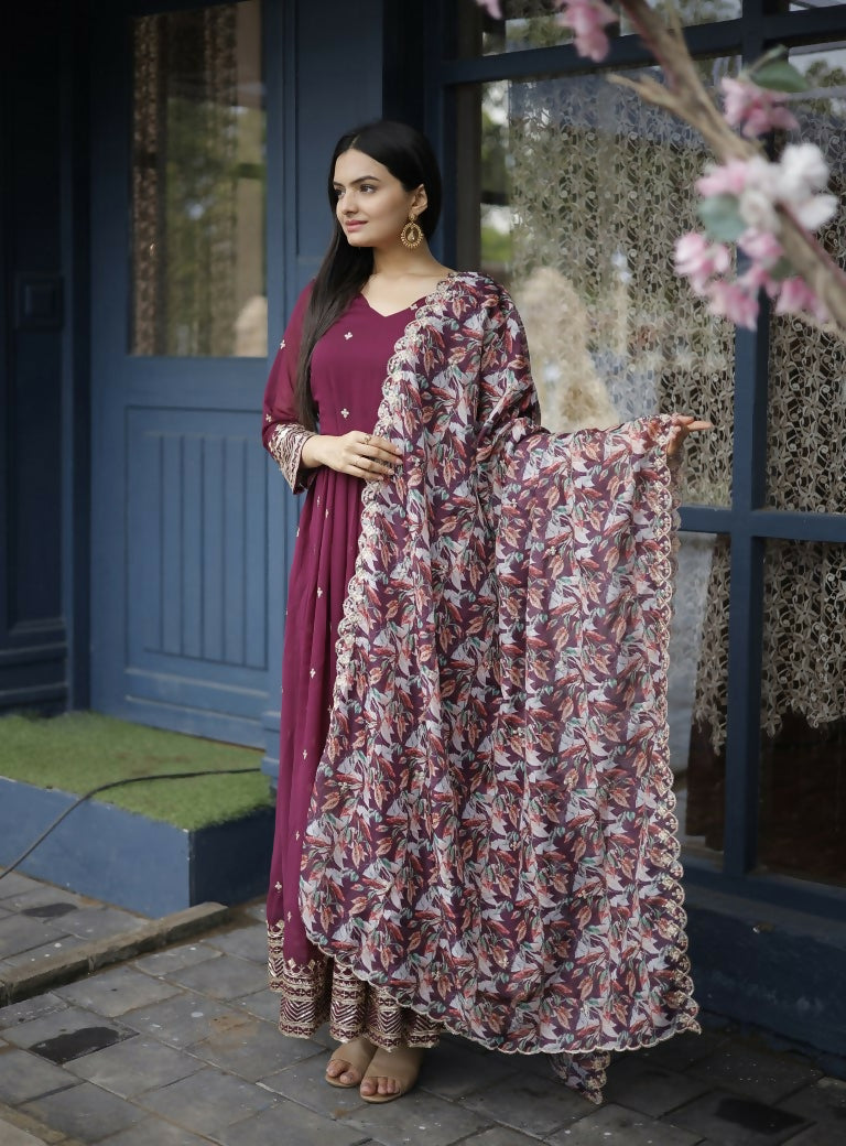 Jyoti Fashion Women's Wine Faux Blooming Sequins with Zari Embroidery Anarkali Dress with Dupatta | Grocsy