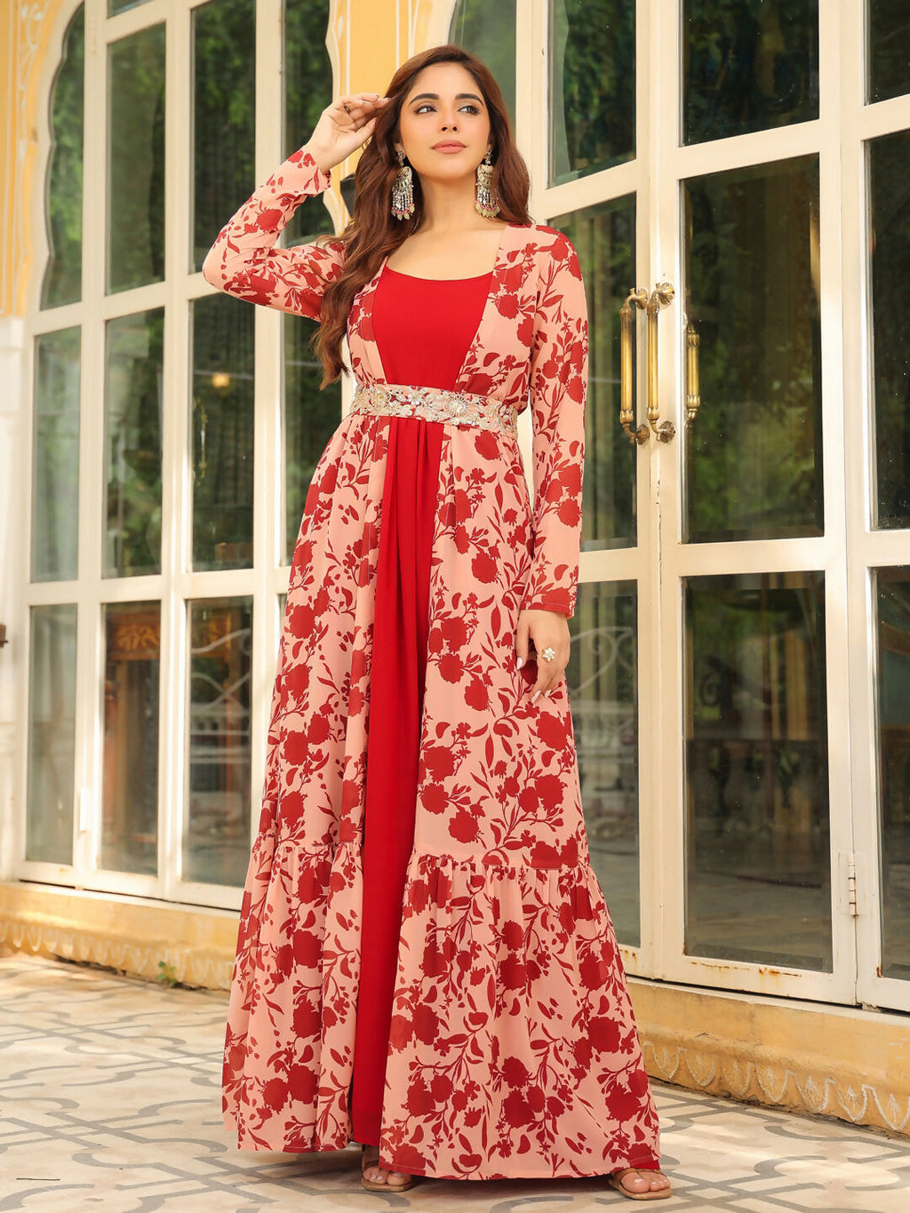 Janasya Maroon Georgette Solid Dress & Jacket | Grocsy