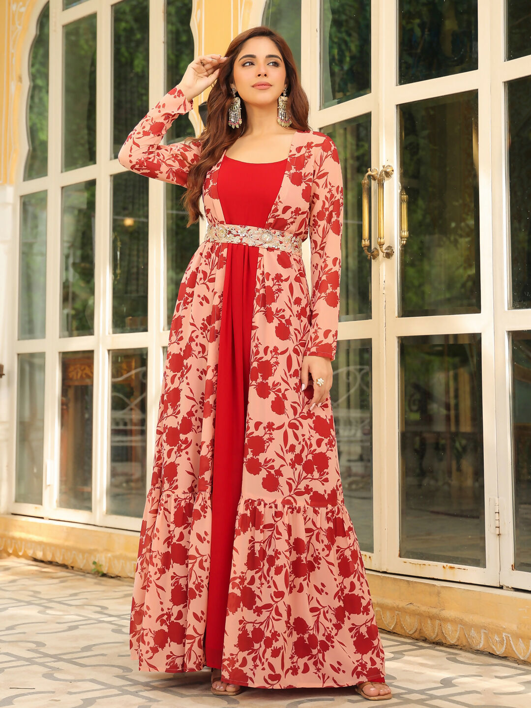 Janasya Maroon Georgette Solid Dress & Jacket | Grocsy