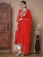 Myshka Women's Red Anarkali Kurta & With Dupatta | Grocsy