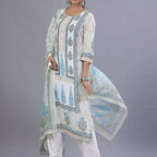 Juniper Women Blue Rayon Printed Kurta, Pants and Dupatta Set | Grocsy
