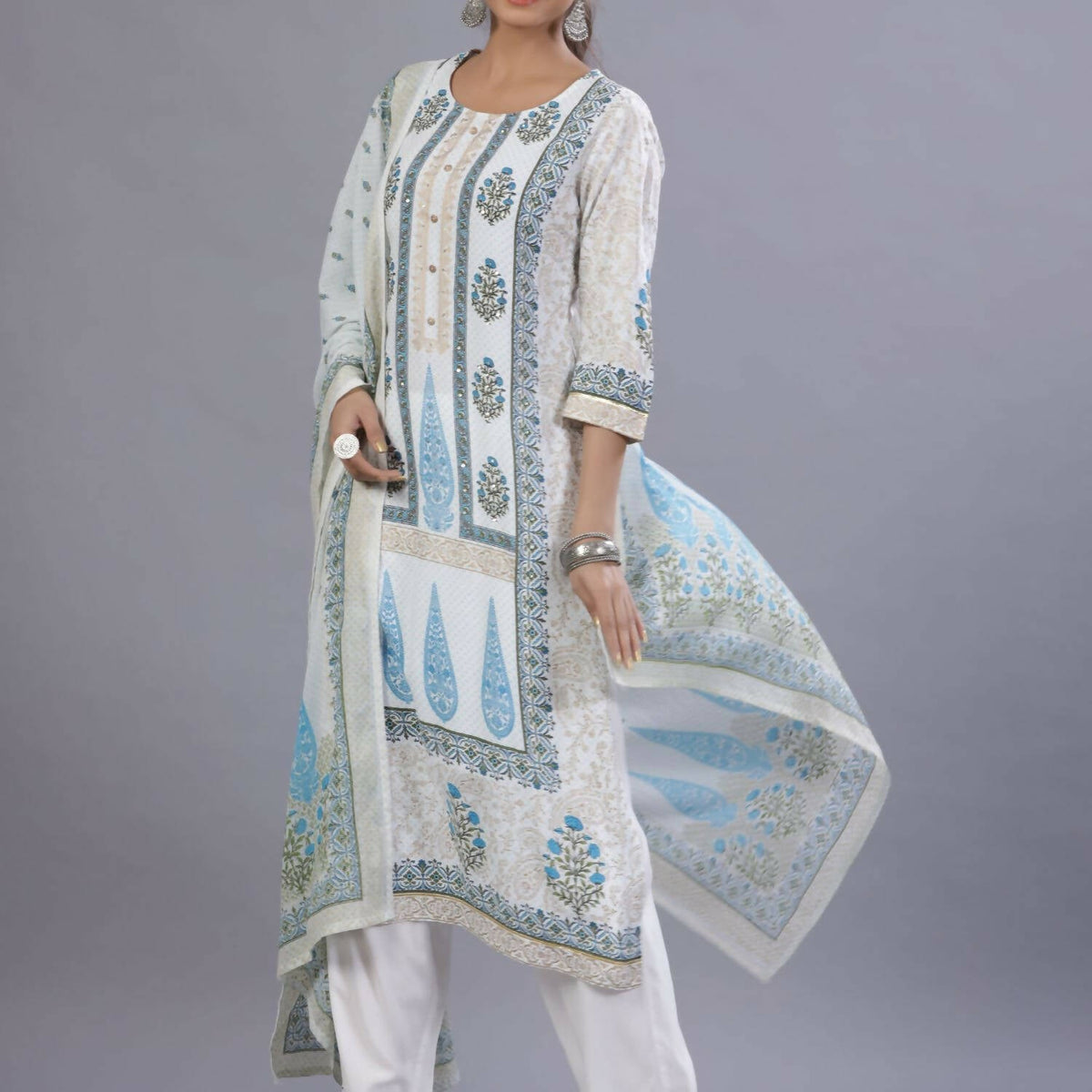 Juniper Women Blue Rayon Printed Kurta, Pants and Dupatta Set | Grocsy