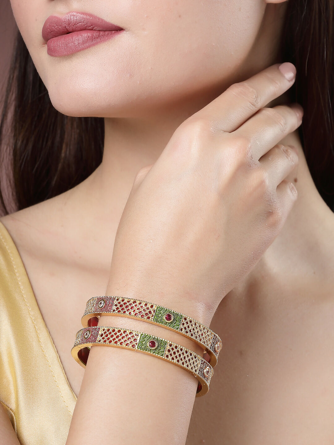 NVR Women's Set Of 2 Gold-Polished Red Kundan Traditional Bangles | Grocsy