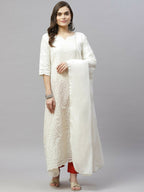 Miravan Women's Beige Embroidered Chikankari Kurta & Dupatta | Grocsy