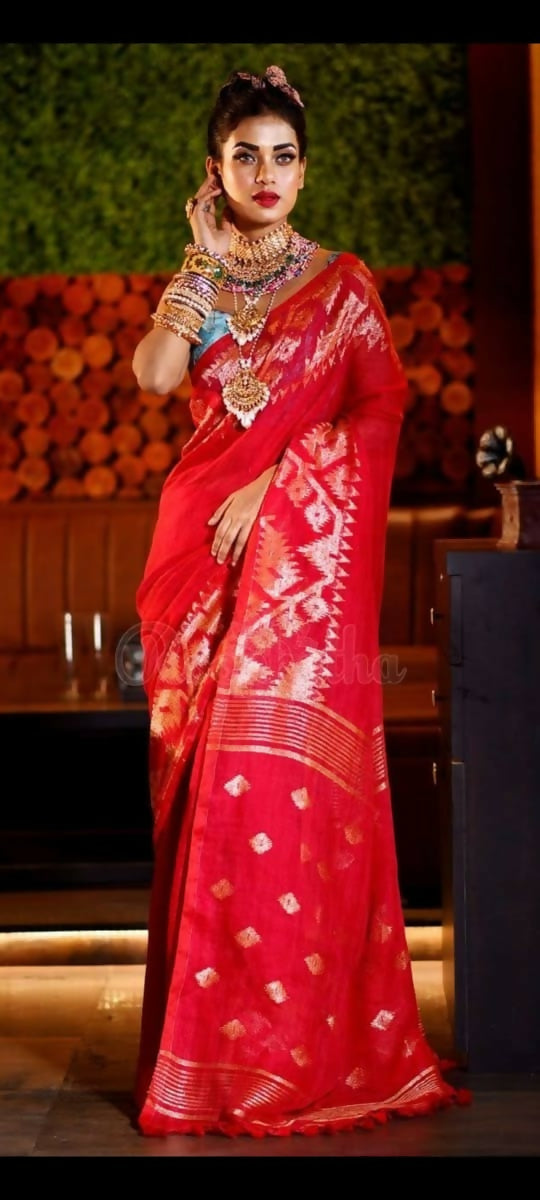 Exclusive Collection Red Beautiful Linen Jamdani Saree | Grocsy