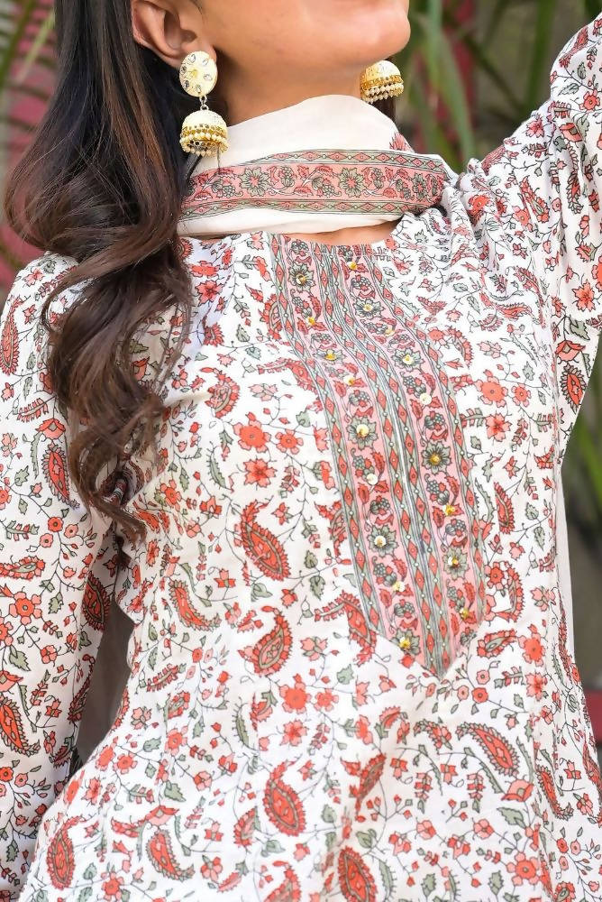 Yufta Women White Paisley Printed Regular Sequinned Pure Cotton Kurta with Palazzo & With Dupatta | Grocsy