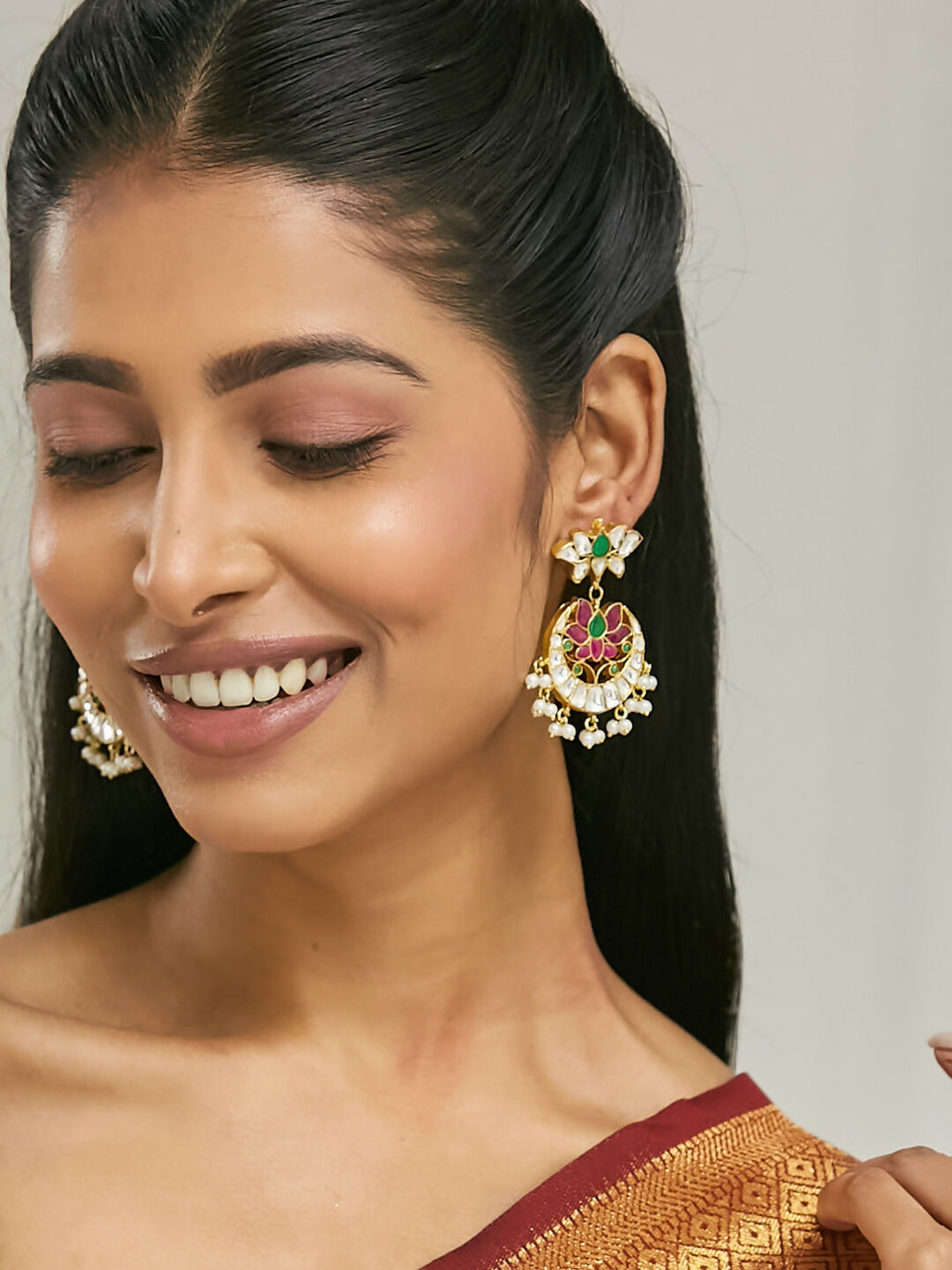 Nuyug 22K Gold-Plated Exquisite Kundan Stone Studded & Pearl Beaded Floral Traditional Chandbalis | Grocsy