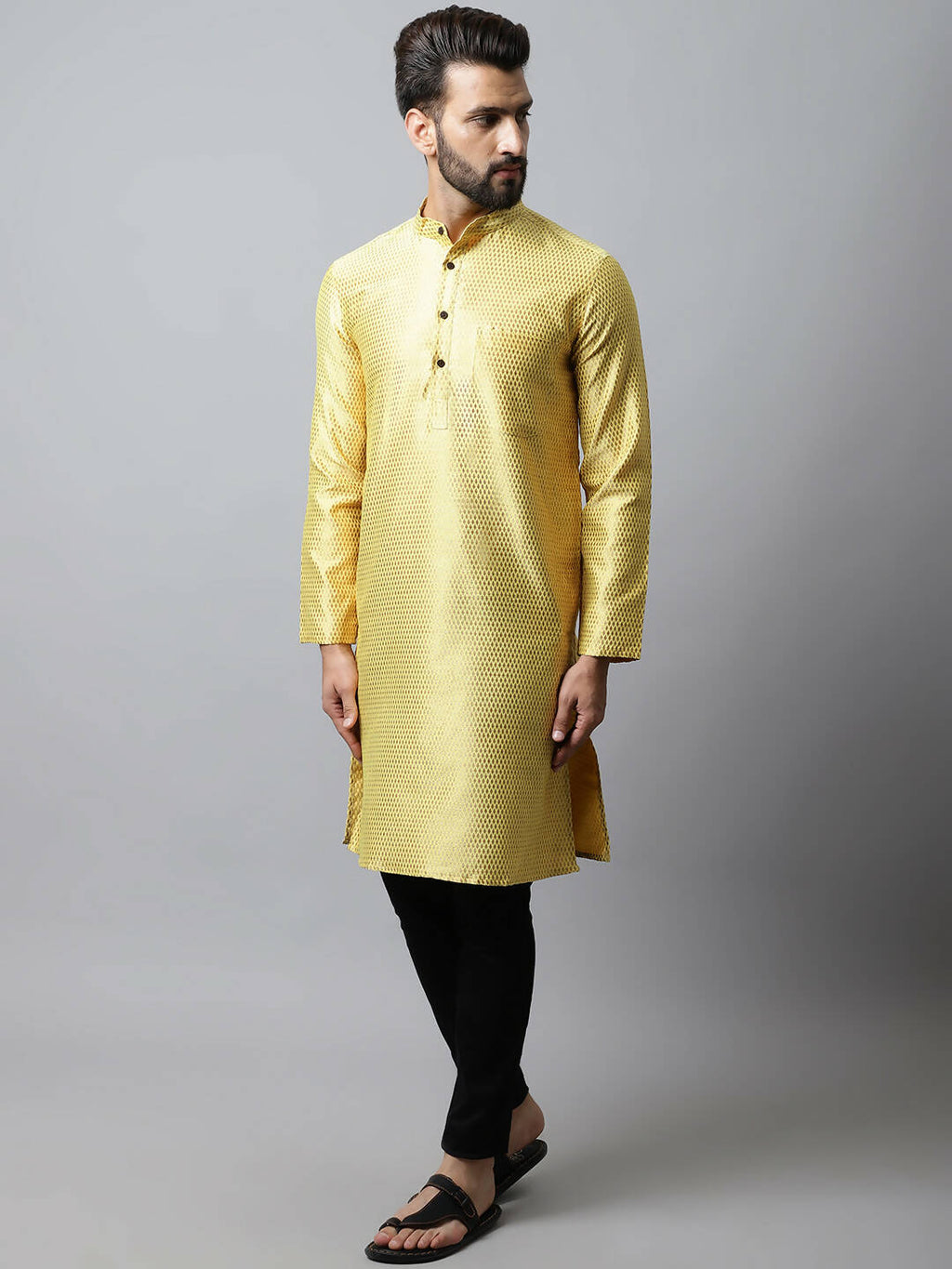 Even Apparels Yellow Color Art Silk Banarsi Silk Men's Kurta With Band Collar (BS017) | Grocsy