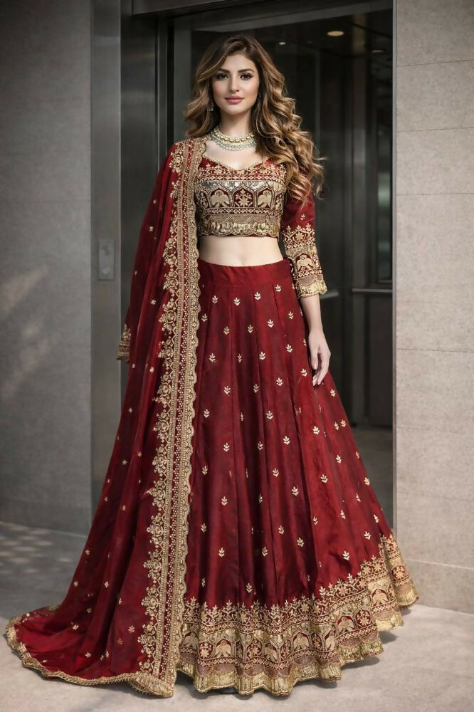 Teeya Creation Maroon Color Fendy Satin Heavy Embroidery Work Wedding Wear Stitched Lehenga Choli | Grocsy