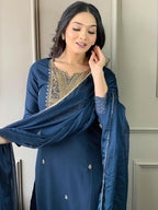 Partywear Designer Rayon Slub Blue Stitched Suit With Dupatta - Tanisha | Grocsy