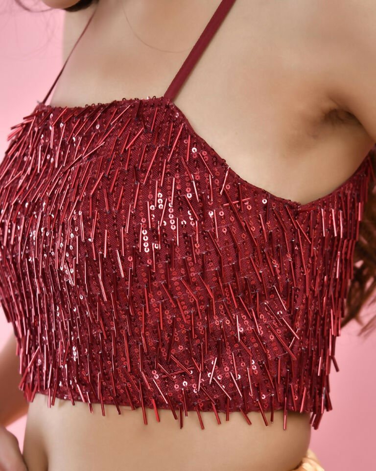 Amodini Designer Studio Maroon Sequined Strap Padded Blouse | Grocsy