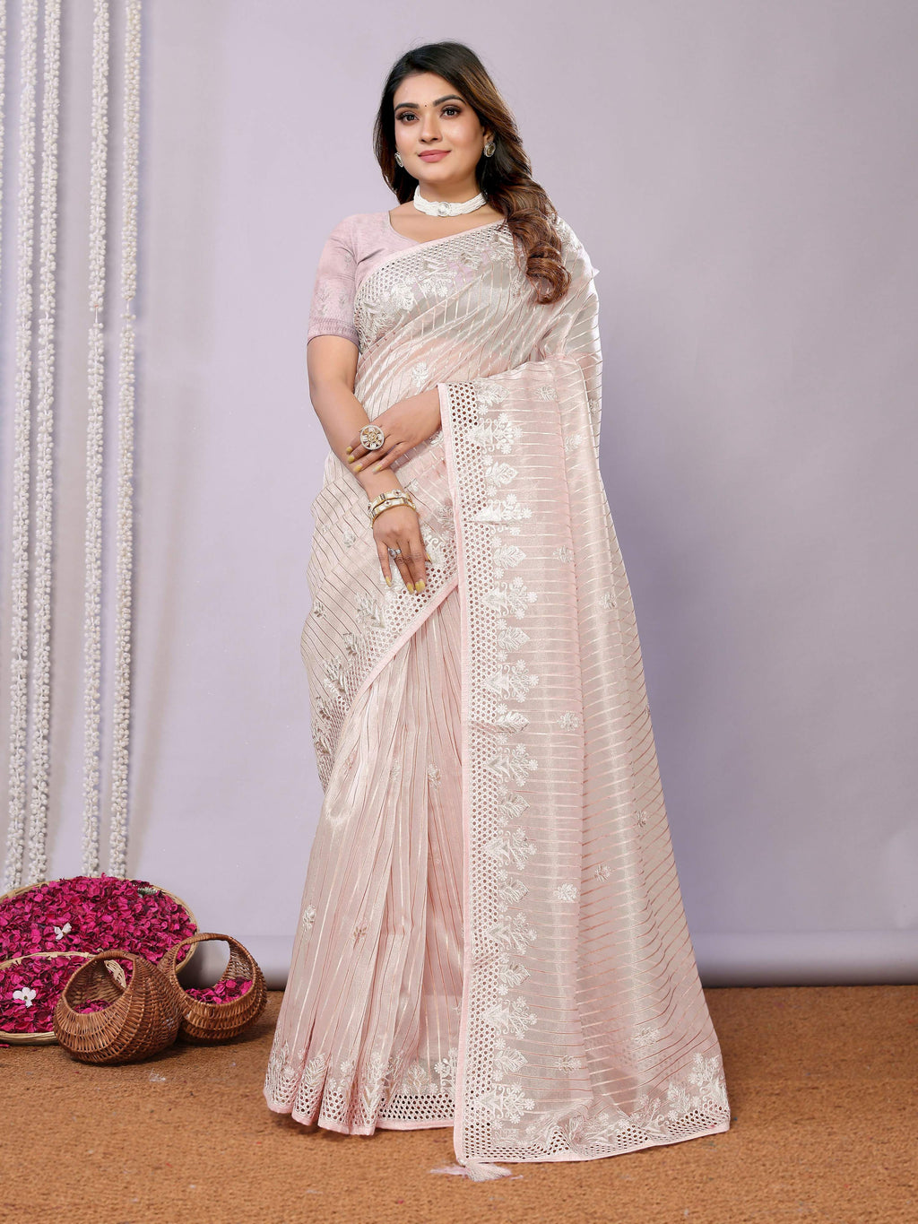Pink Silk Embroidered Saree With Unstitched Blouse - Nimaya Kaksha | Grocsy