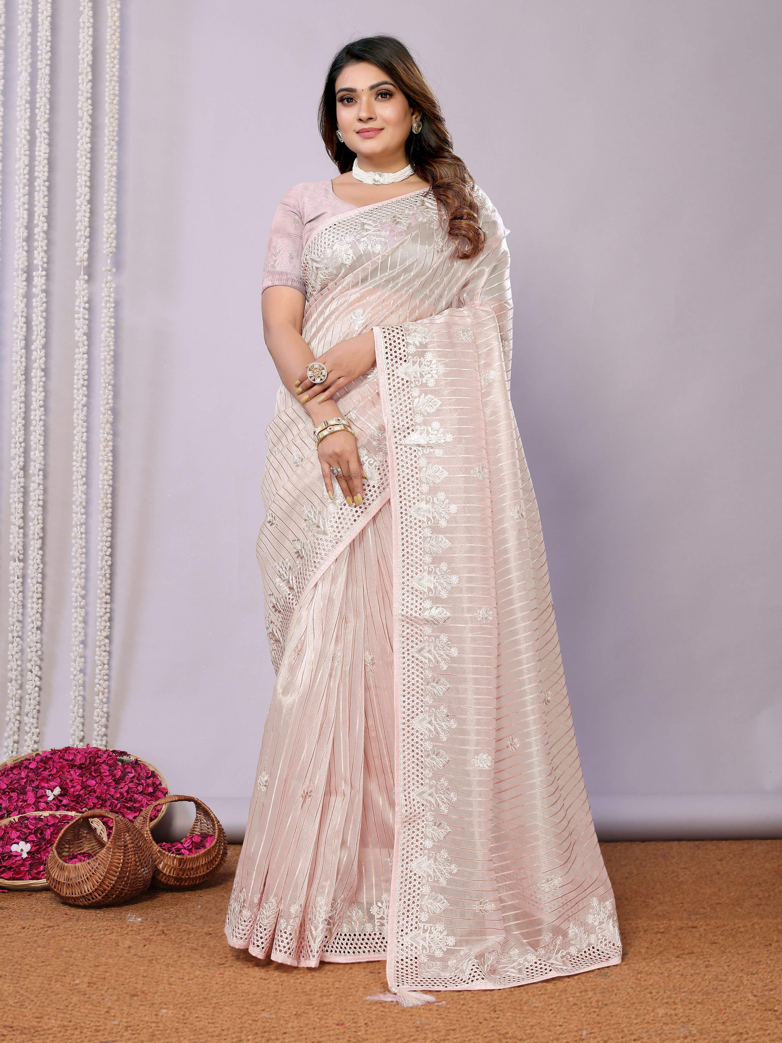 Pink Silk Embroidered Saree With Unstitched Blouse - Nimaya Kaksha | Grocsy