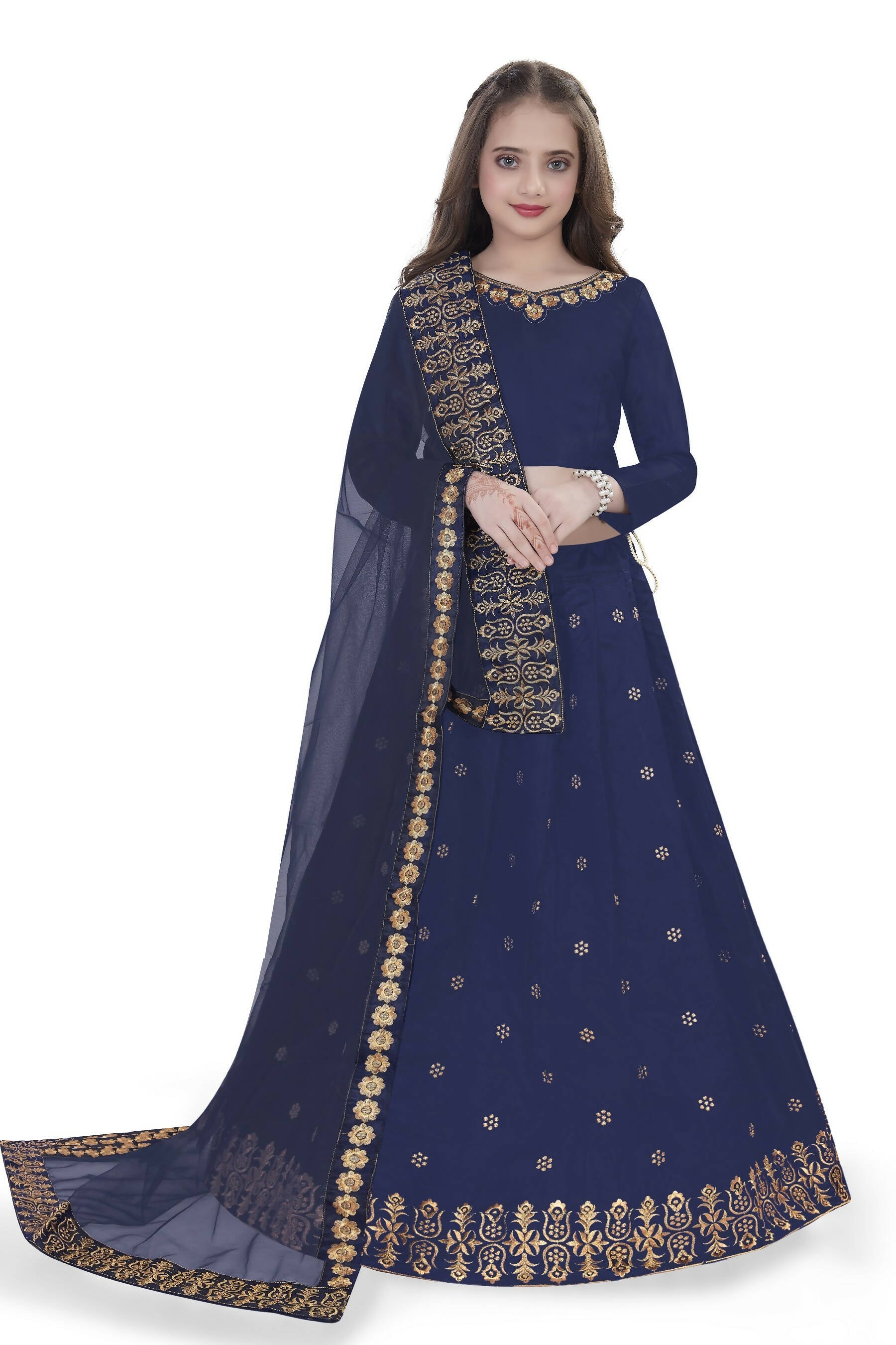 Dwiden Navy Blue Queen Tafetta Sattin Semi-Stitched Girl's Lehenga Choli | Grocsy