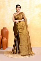 Piyari Fashion Women's Gold Dual Tone Organic Tissue Saree With Blouse Piece | Grocsy