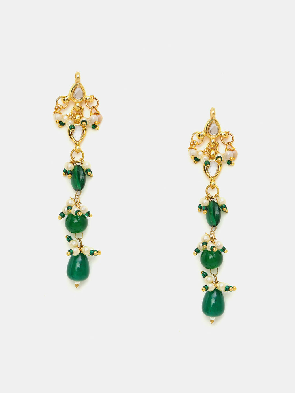 Ruby Raang 22k Gold Polished Long Kundan And Emerald Earrings | Grocsy
