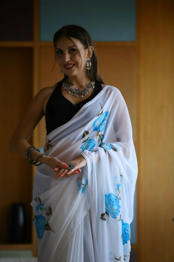 Vamsee Laxmi White Georgette Saree | Grocsy