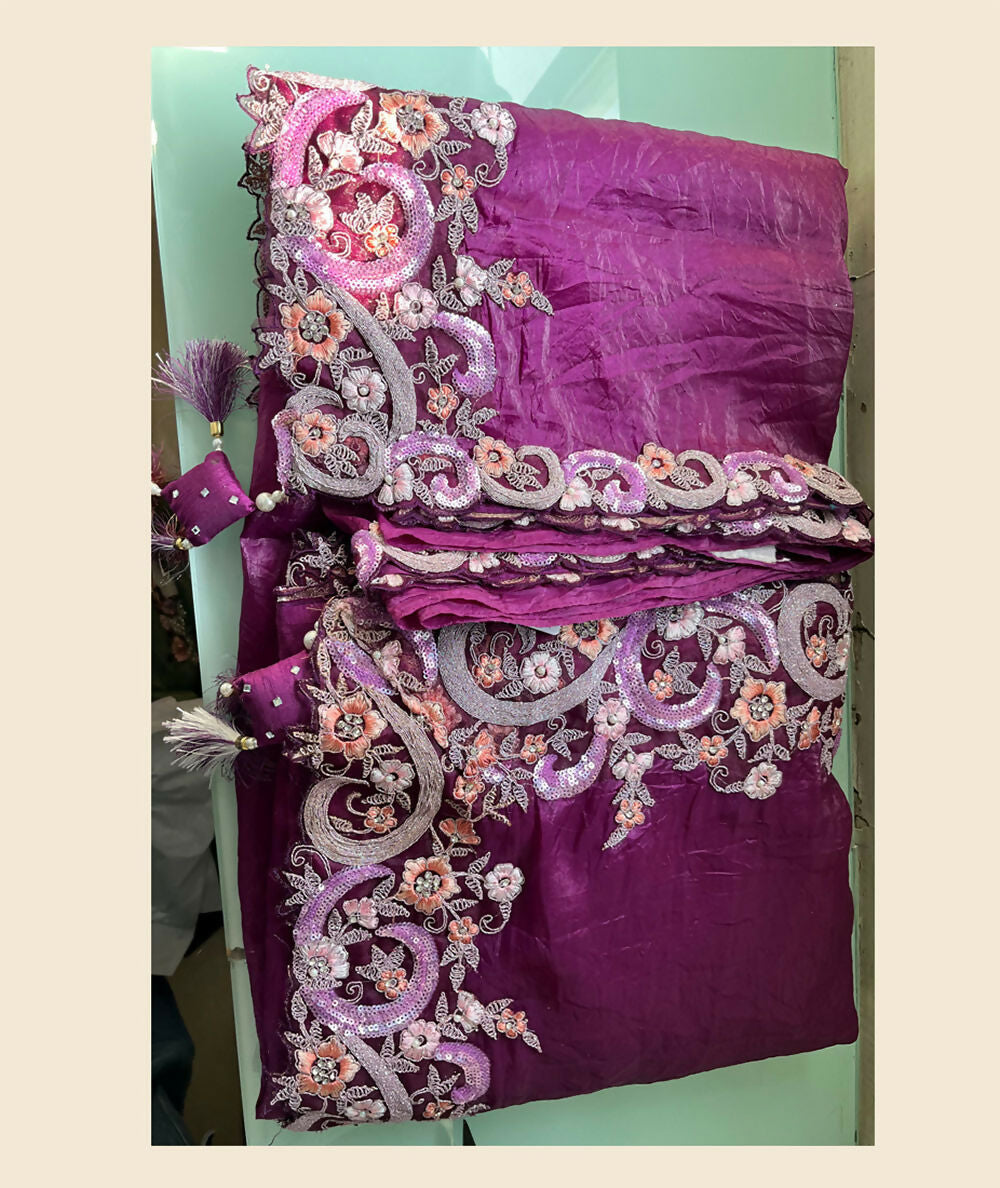 Purple Banarasi Crush Silk Thread, Sequence, Cord Embroidered with Stone & Moti Work Saree - Mohmanthan Dakshika | Grocsy