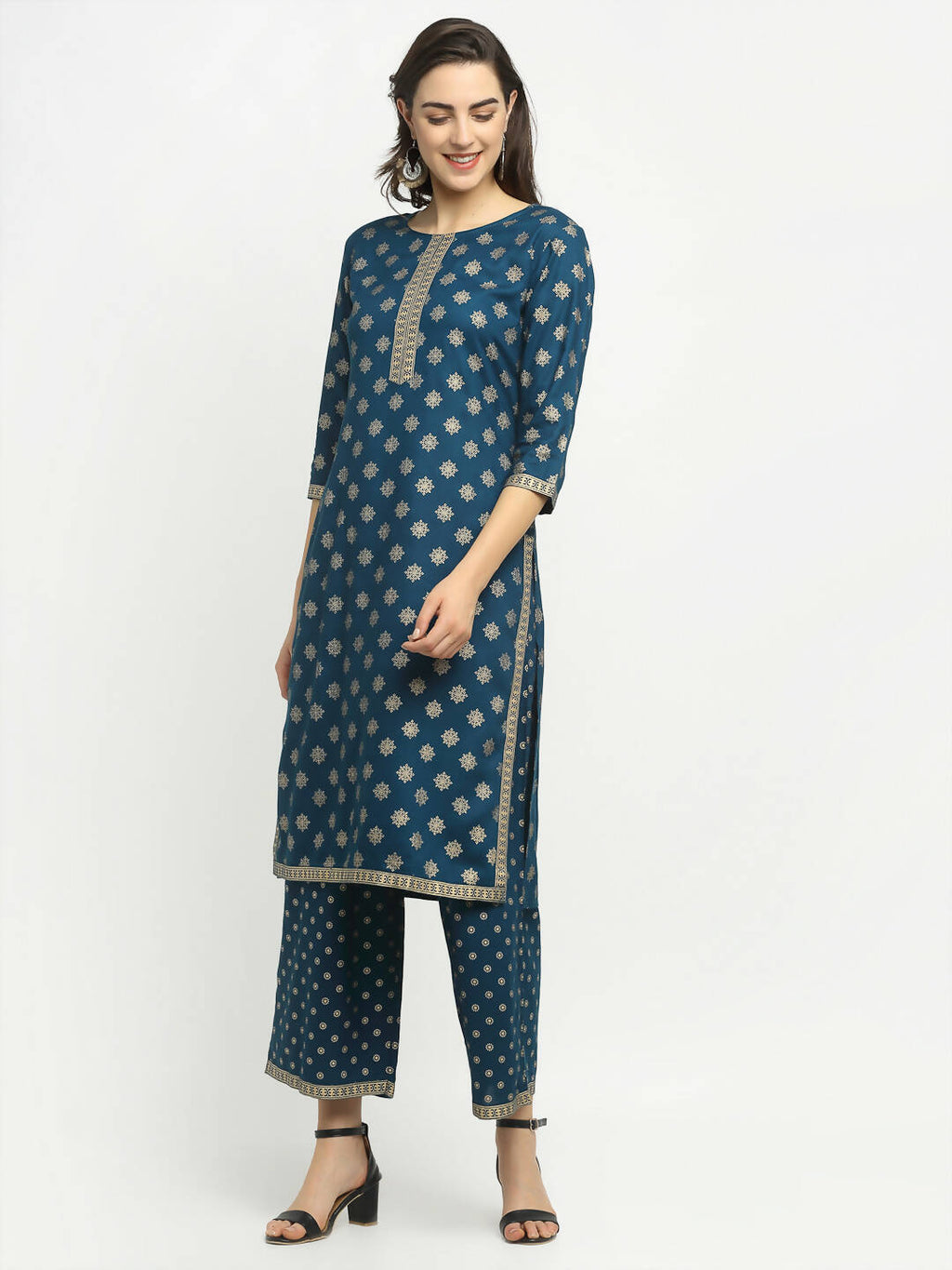 Rudra Bazaar Stright Gold Printed Kurti With Palazzo | Grocsy