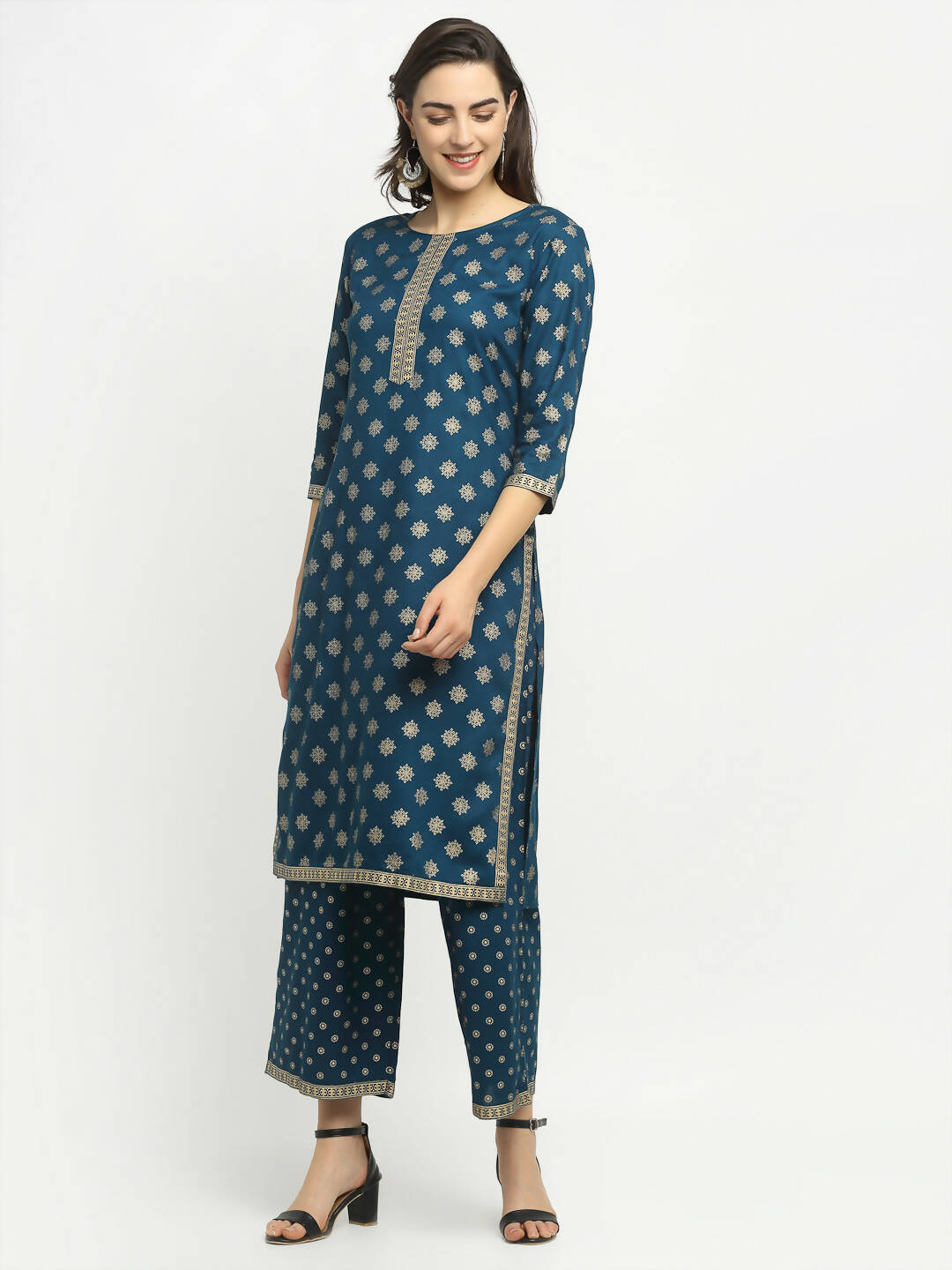 Rudra Bazaar Stright Gold Printed Kurti With Palazzo | Grocsy