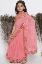 Little Bansi Floral Print Ready To Wear Saree And Floral Blouse - Coral | Grocsy