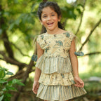 Mhyssa Beige and Blue Round Neck Flared Frock With Gathers | Grocsy