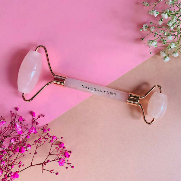 Natural Vibes Rose Quartz Roller & Massager with Free Gold Beauty Elixir Oil | Grocsy