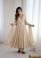 Teeya Creation Womens New Fancy Fox Georgette Heavy Quality Fabric With Handwork Cream Gown Set | Grocsy
