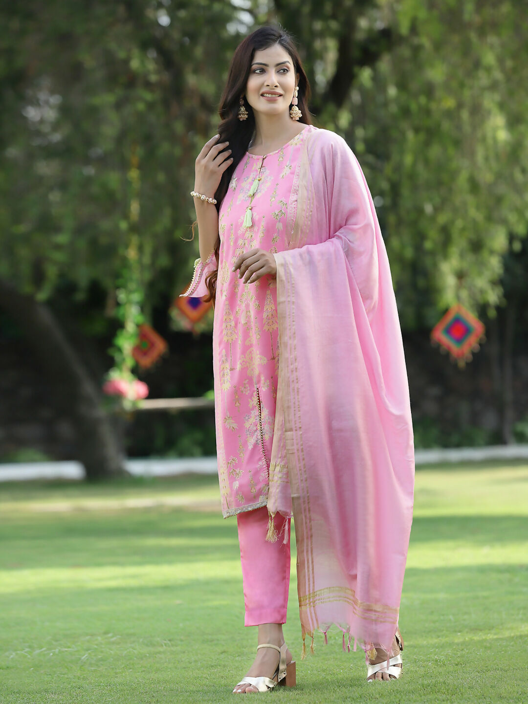 Juniper Pink Ethnic Motif Printed Georgette Kurta Pants & Dupatta Set With Tassels & Lace | Grocsy