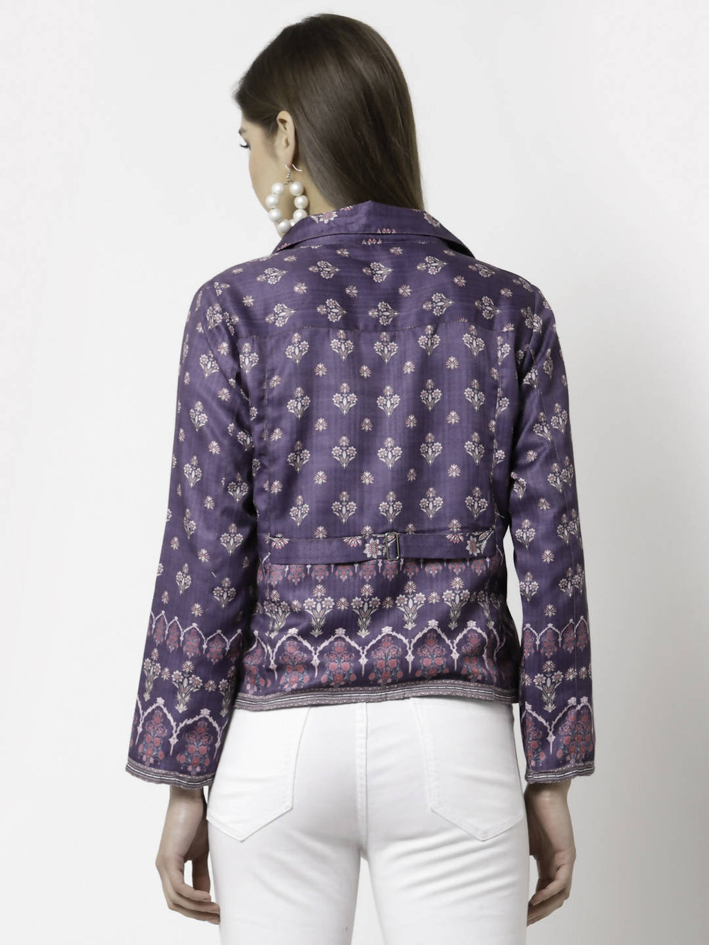 Myshka Women Purple Cotton Blend Printed Full Sleeve Shirt Collar Casual Jacket | Grocsy