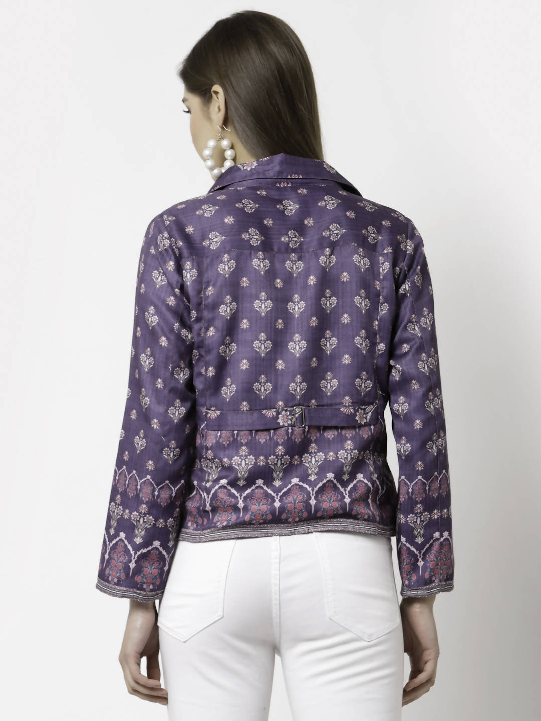 Myshka Women Purple Cotton Blend Printed Full Sleeve Shirt Collar Casual Jacket | Grocsy