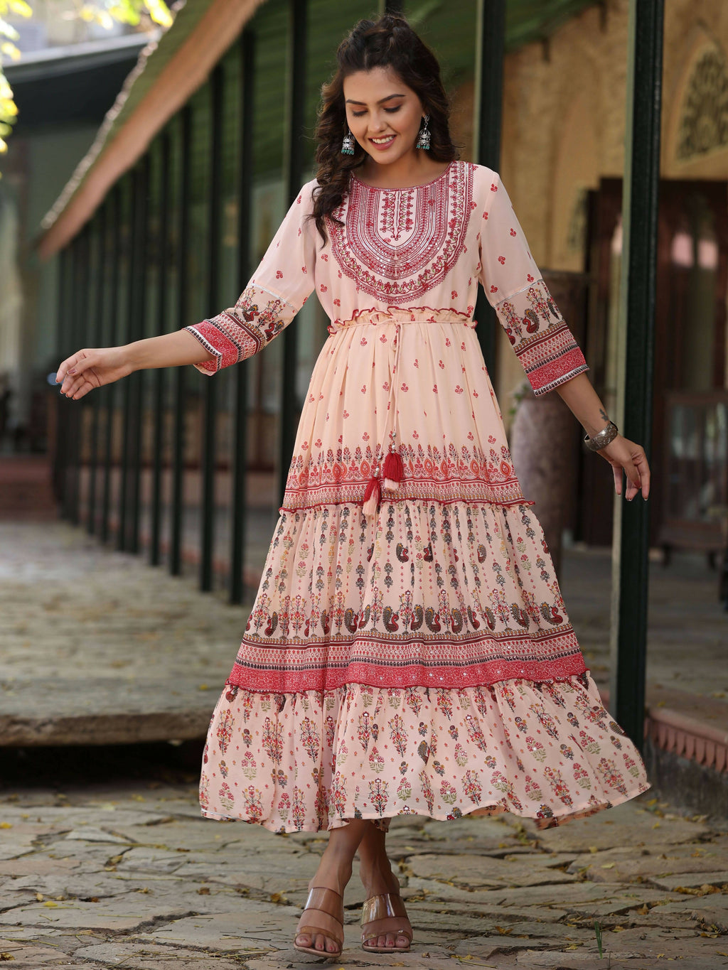 Juniper Women's Peach Georgette Floral Embroderied Maxi Dress | Grocsy