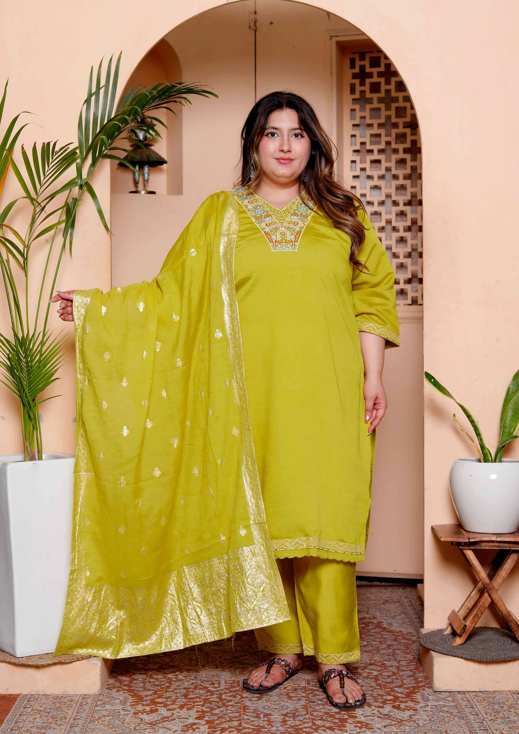 Miravan Womens Plus Size Muslin Yellow Kurta and Palazzo with Dupatta Set | Grocsy