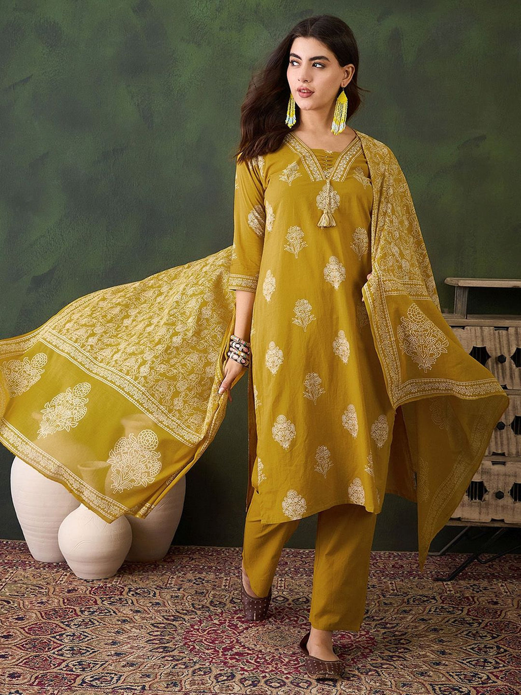 Sangria Printed Pure Cotton Straight Kurta , Trouser & Dupatta Set | Grocsy