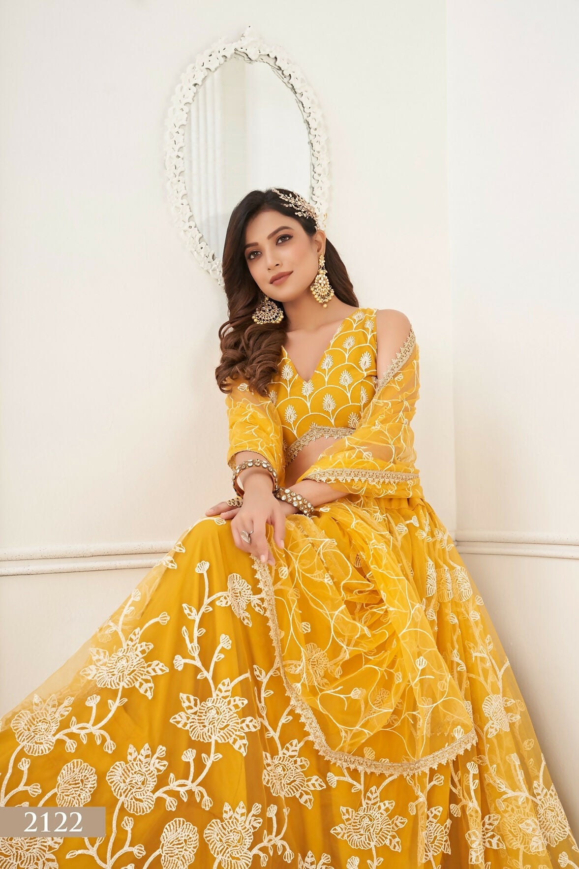 Eilara Women'S Mustard Butterfly Net With Sequins And Embroidery Work Lehenga Choli For Wedding | Grocsy