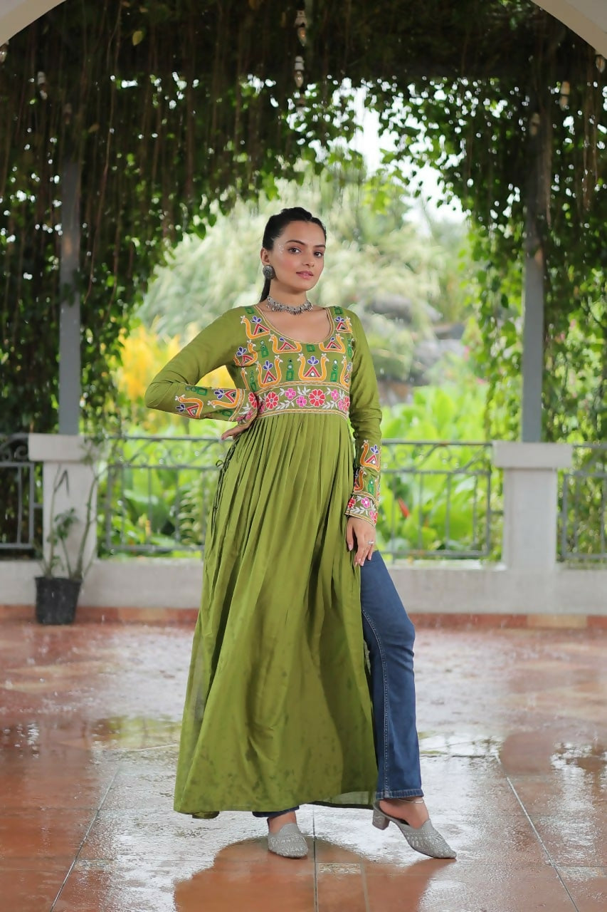 Vastranavya Green Pink Navratri Special Rayon Kutchi Gamthi Work Kurti | Grocsy