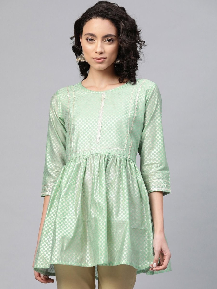 Ahalyaa Women Sea Green Chanderi Silk Golden Printed Tunic | Grocsy