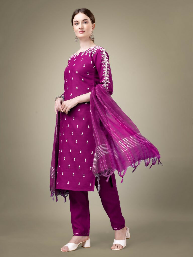 Jyoti Fashion Women's Purple Cotton Blend Embroidery & Sequence work Kurta with Trouser & Dupatta | Grocsy