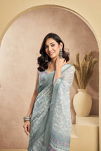 Vastranavya Grey Digital Printed Linen Ready To Wear Designer Saree with Unstitched Blouse | Grocsy