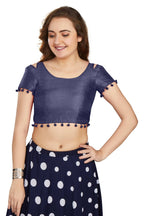 Aastha Fashion Women's Navy Blue Art Silk Pom Pom Lace Readymade Blouse | Grocsy