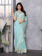 Vastranavya Sky Blue Embroidery Work Shimmer Chiffon Saree with Unstitched Blouse | Grocsy