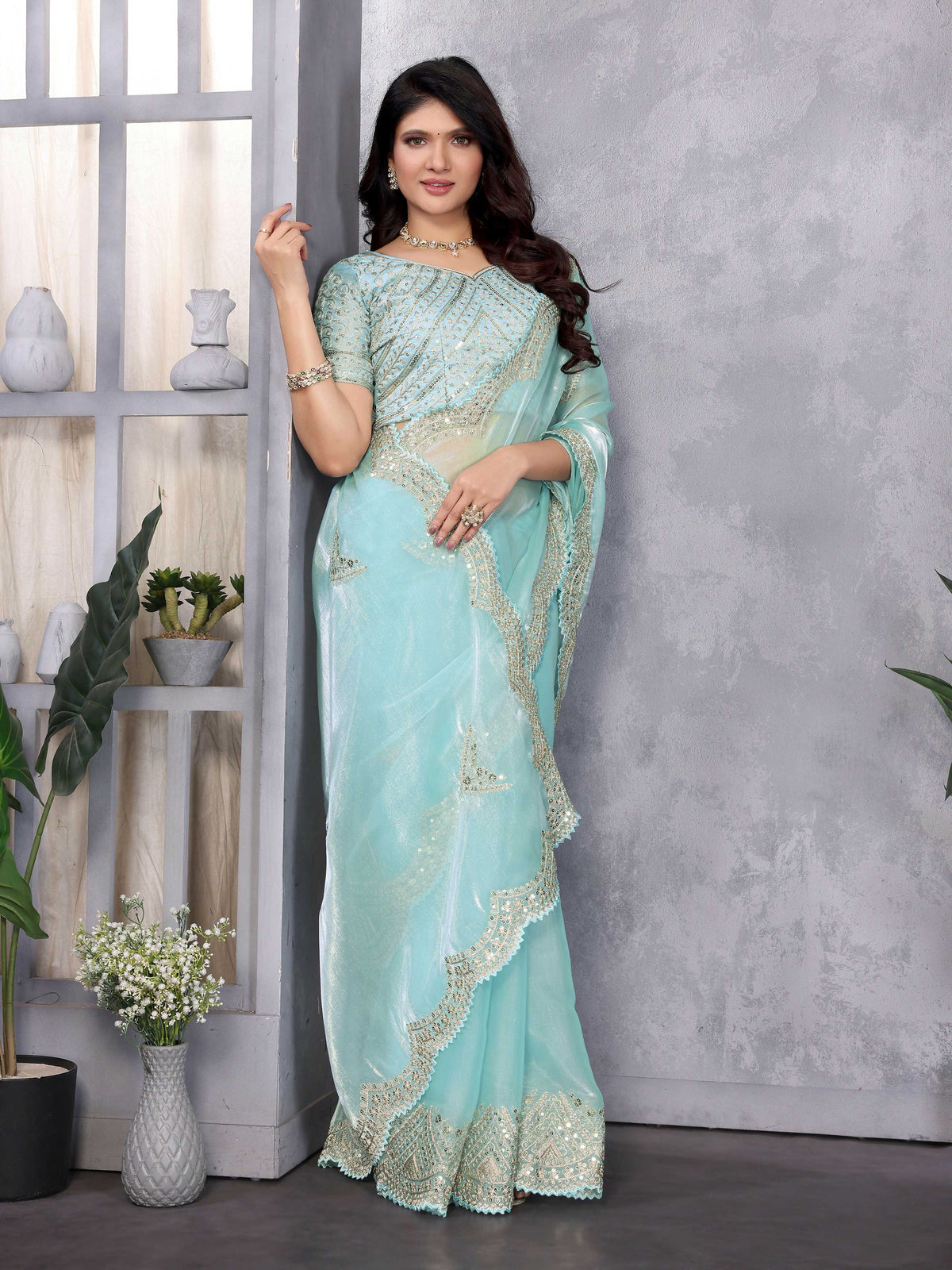 Vastranavya Sky Blue Embroidery Work Shimmer Chiffon Saree with Unstitched Blouse | Grocsy