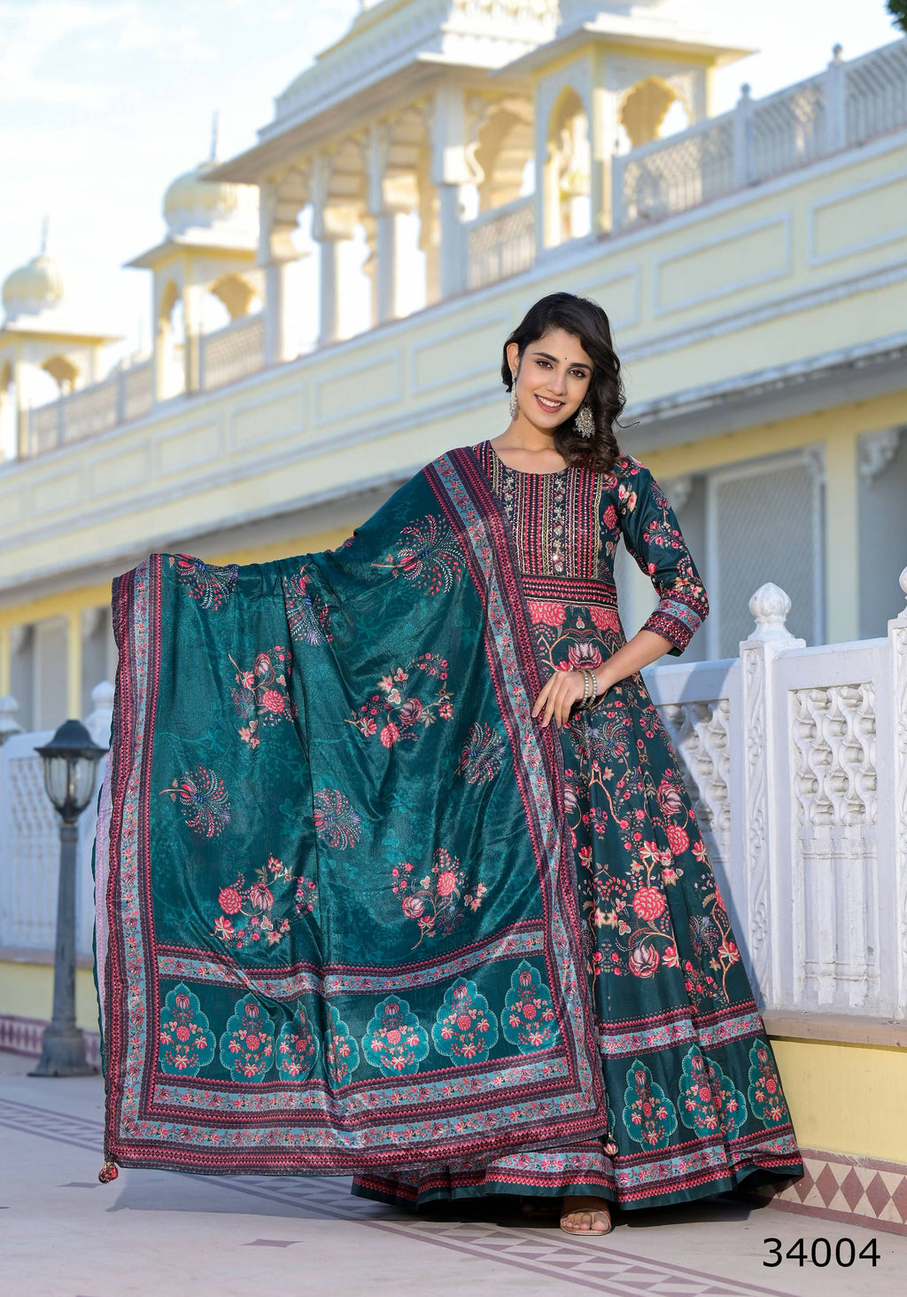 Partywear Designer Green Dola Silk Anarkali suit with Dupatta - Suzen | Grocsy