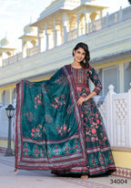 Partywear Designer Green Dola Silk Anarkali suit with Dupatta - Suzen | Grocsy