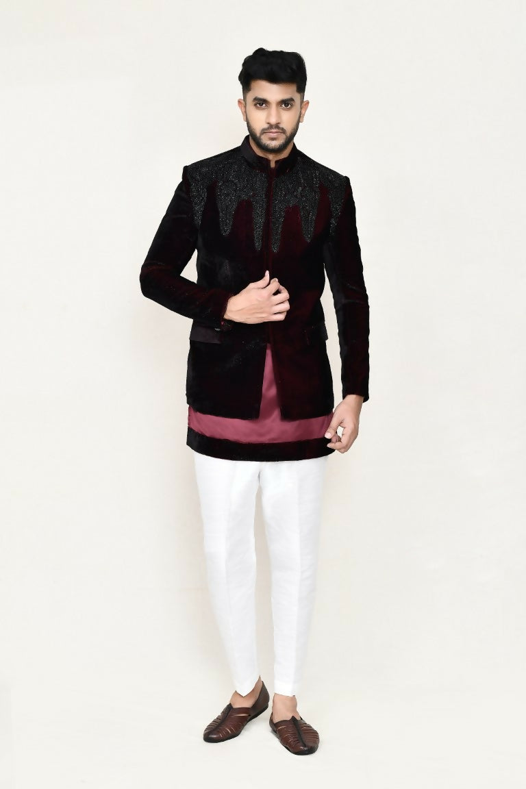 Joban Fashion Maroon Colored Satin Silk Fabric Open Prince Coat, Kurta With Straight Fit Pant | Grocsy