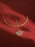 Gold-Polished White Kundan-Studded Pearl Beaded Matha Patti - Ruby Raang | Grocsy