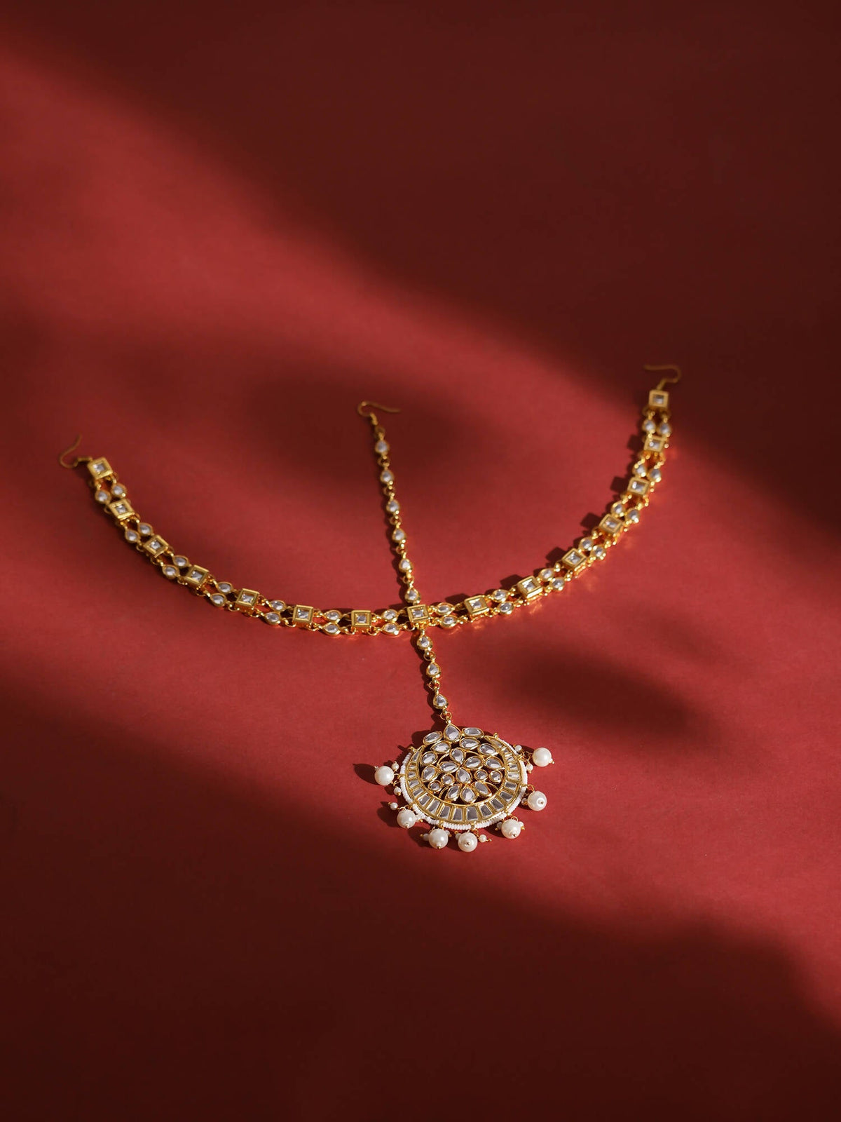 Gold-Polished White Kundan-Studded Pearl Beaded Matha Patti - Ruby Raang | Grocsy
